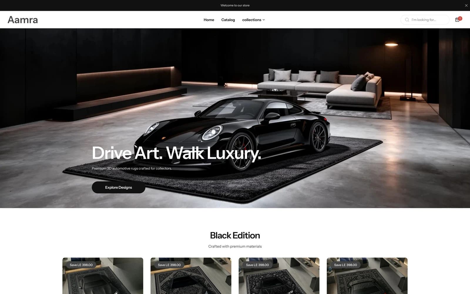 الصفحة الرئيسية لمتجر Aamra للديكور المنزلي بطابع السيارات على Shopify