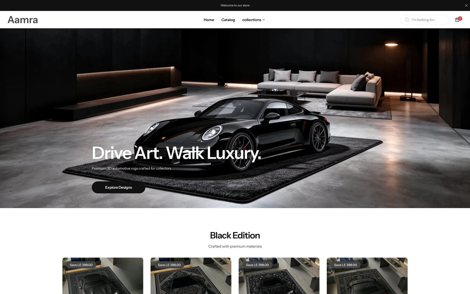 الصفحة الرئيسية لمتجر Aamra للديكور المنزلي بطابع السيارات على Shopify
